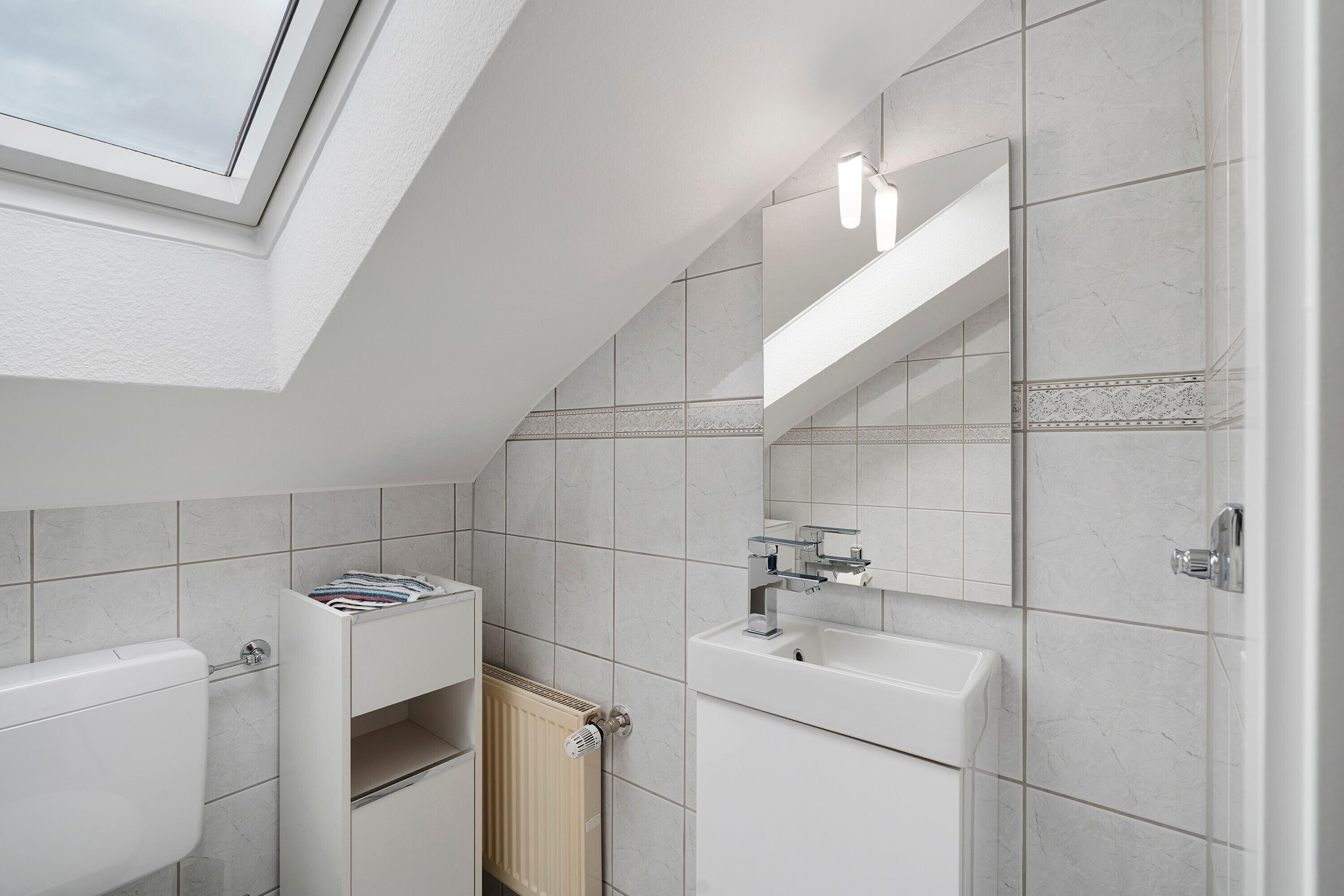 A modern bathroom with a skylight, a toilet, a sink, and a mirror.