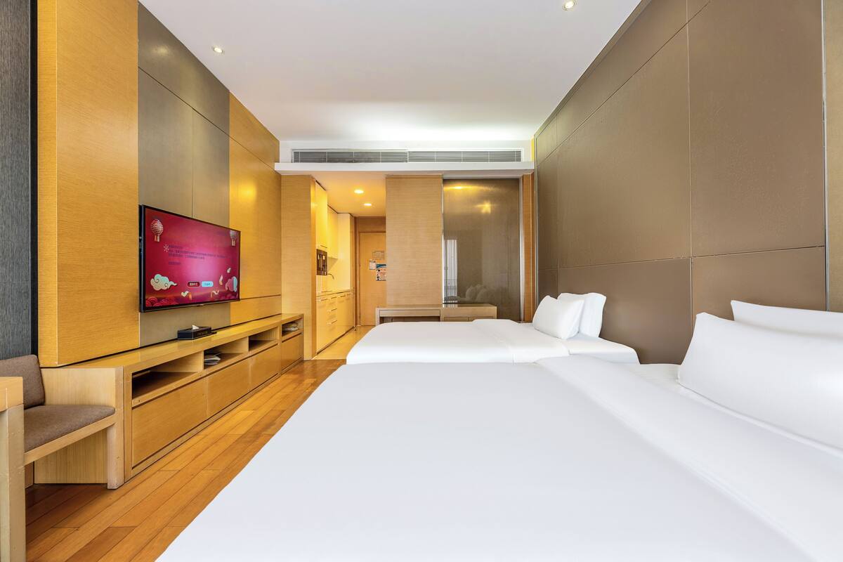 Habitación de hotel con televisión, dos camas, muebles de madera y vista a la ciudad.