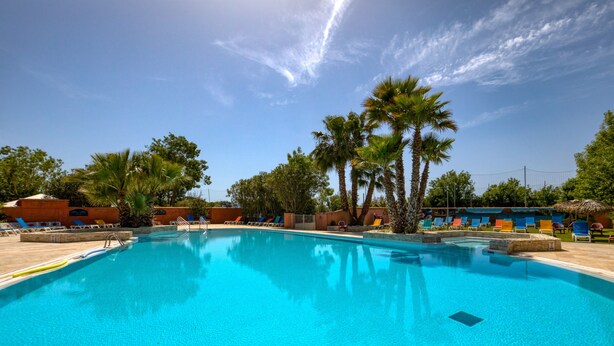 A clear blue swimming pool with lounge chairs and palm trees. - Bungalow with Private Pool, Private Terrace, and Air Conditioning (Agde)