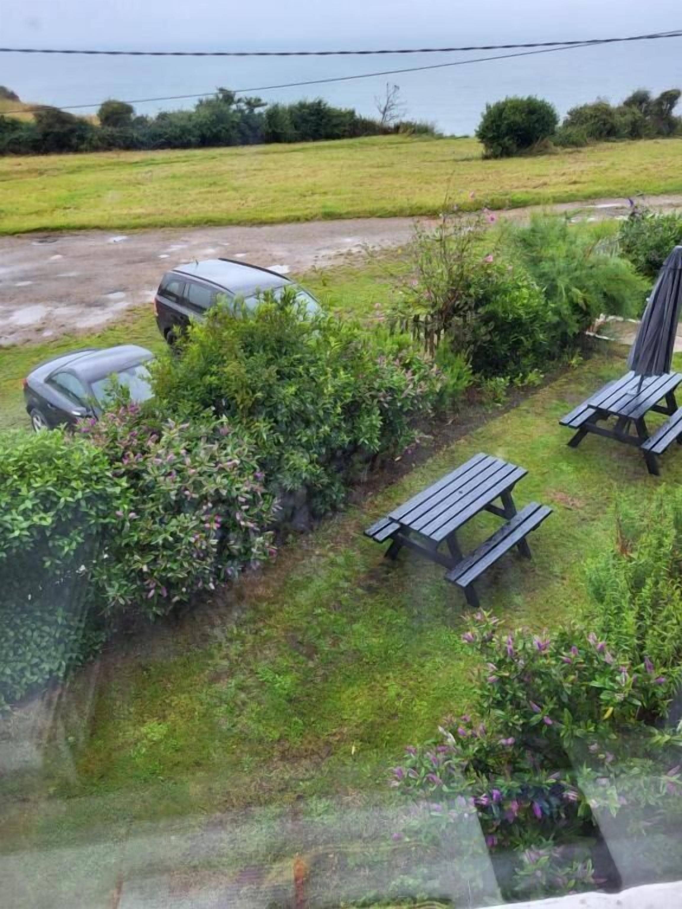 A garden area with a bench, a car, and a pathway.