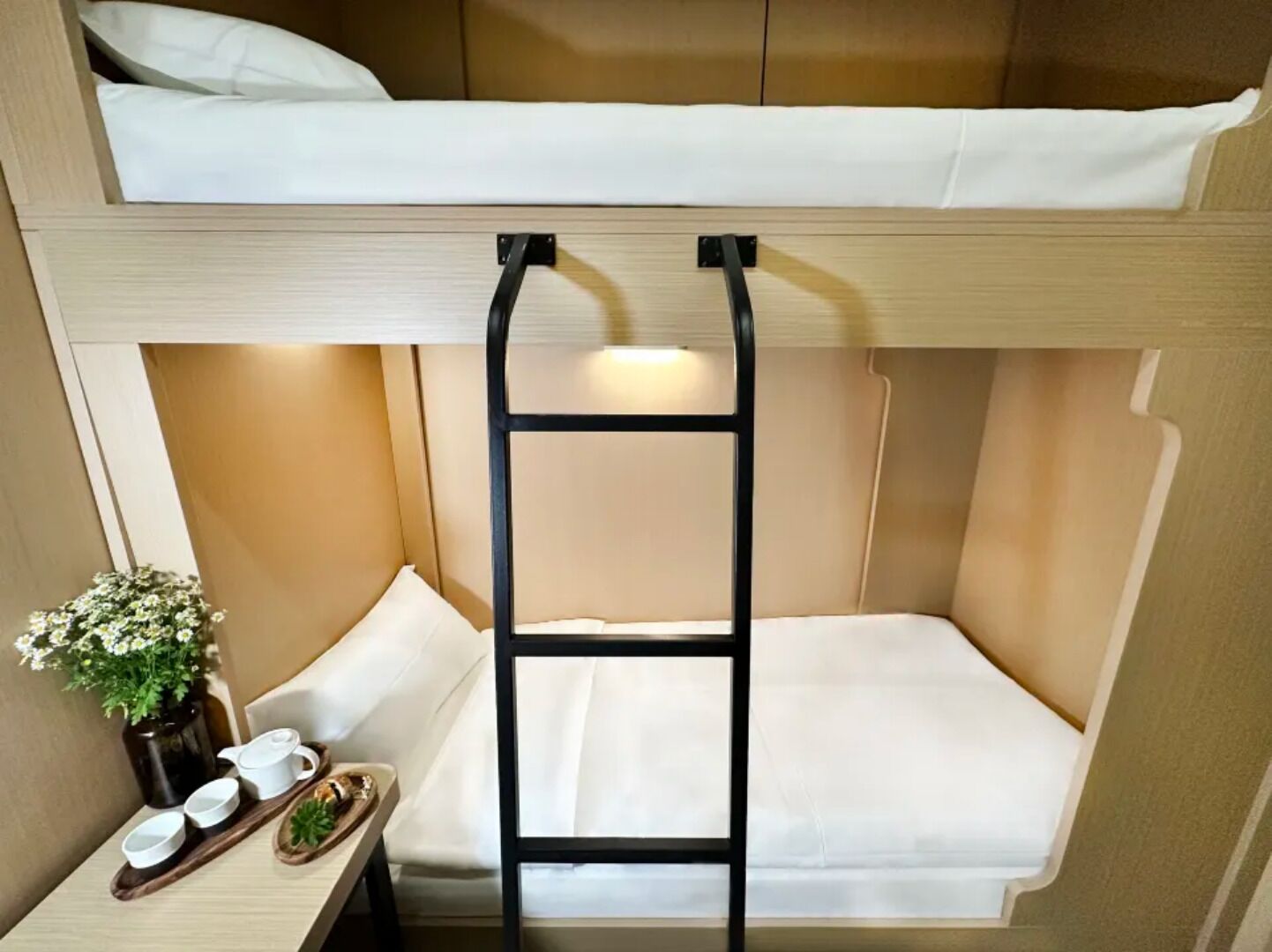 A bunk bed with a ladder, a bedside table with a plant, and a tray with cups and a teapot.