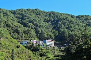 Una colina con campos escalonados y edificios de varios pisos y balcones.
