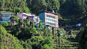 A multi-story building with a flat roof, surrounded by lush greenery and terraced fields. - Hotel Deep Khirsu (Khirsu)