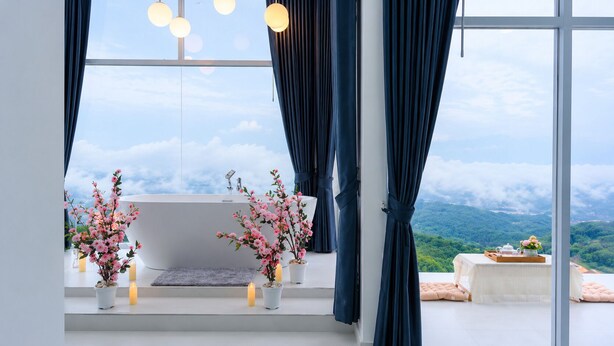 A bathroom with a bathtub, potted plants, candles, and a view of a mountainous landscape. - A View Khao Soon  (Chawang)