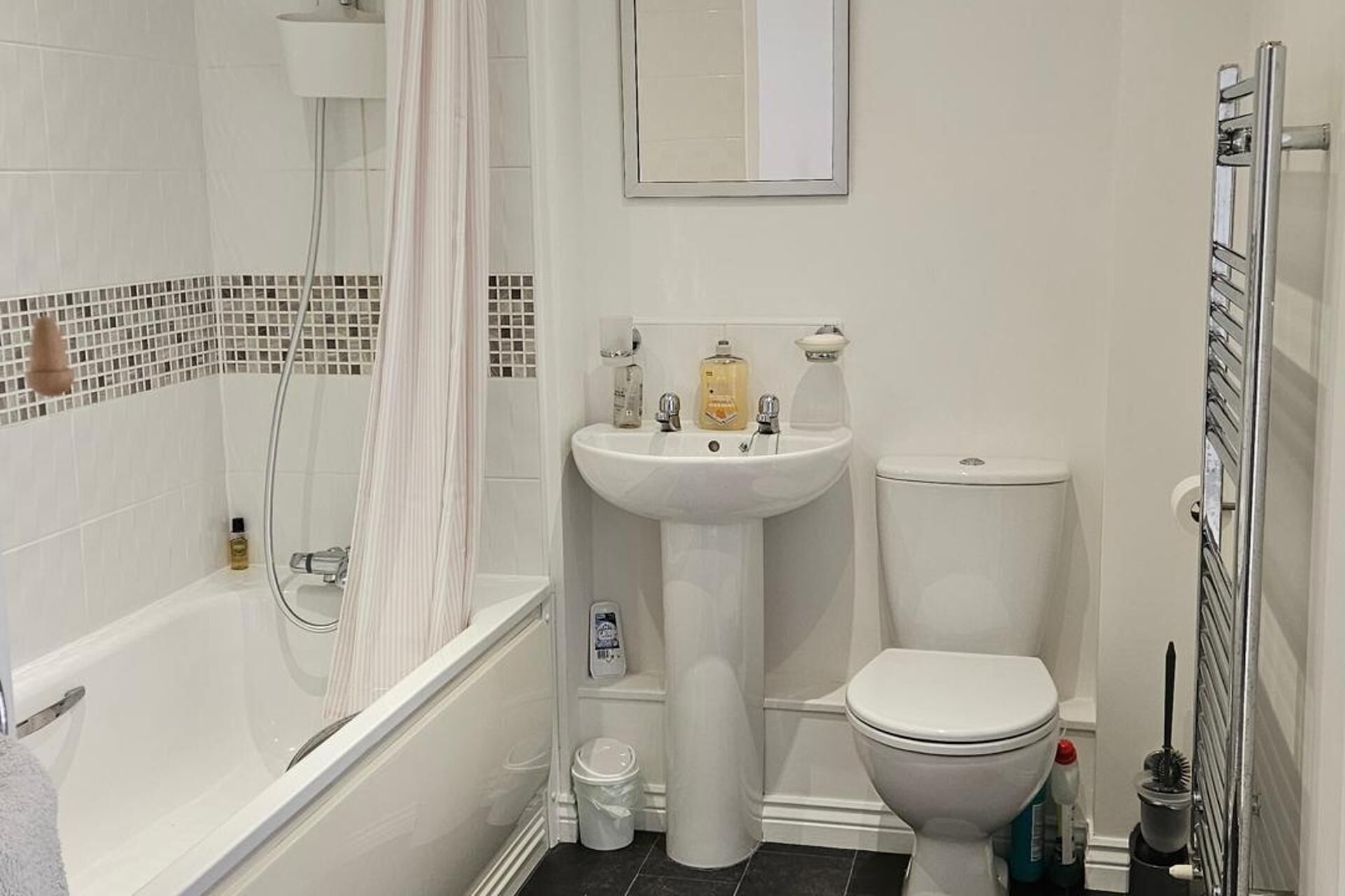 Combined shower/bathtub, deep-soaking bathtub, hair dryer, towels