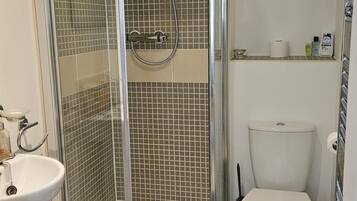 Un bagno con cabina doccia in vetro, un water bianco e un lavabo con rubinetto cromato.