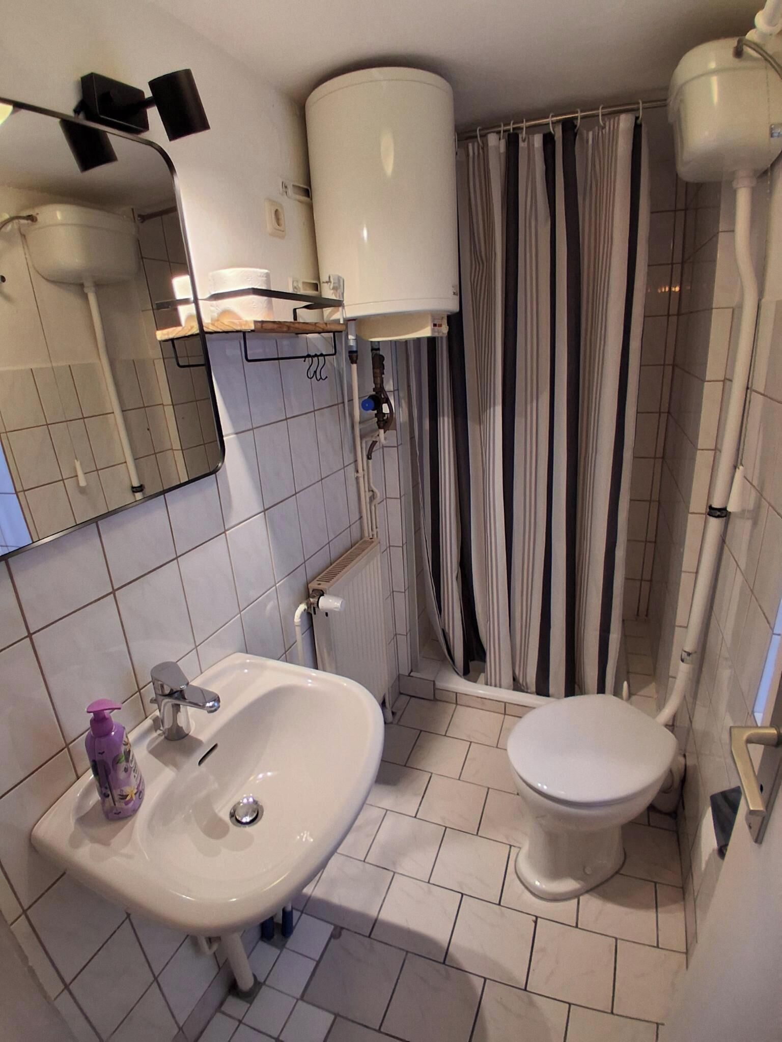 A bathroom with a sink, toilet, mirror, and a shower curtain.