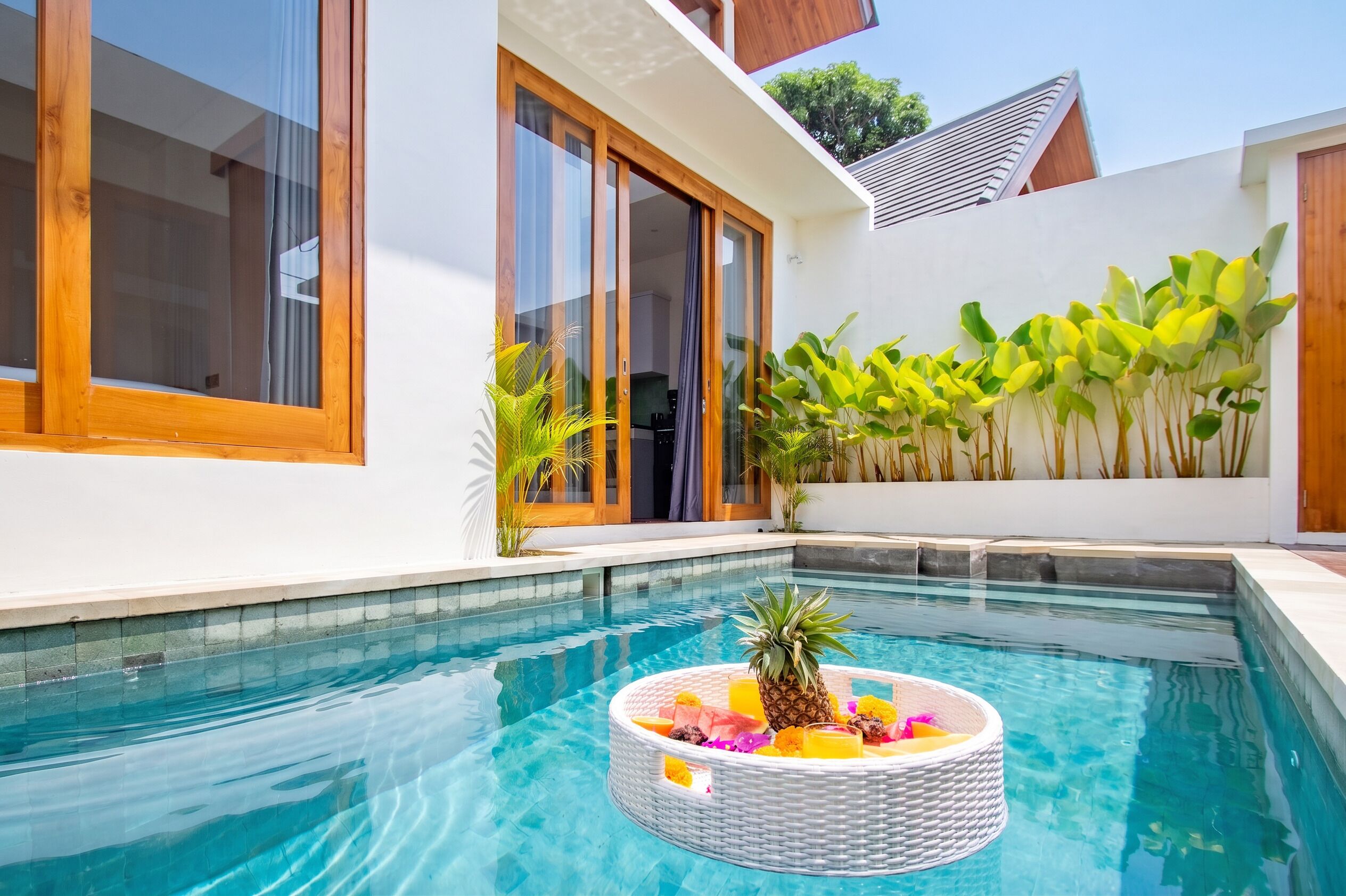 A swimming pool with a decorative island, a modern house with large windows, and a wall of tropical plants.