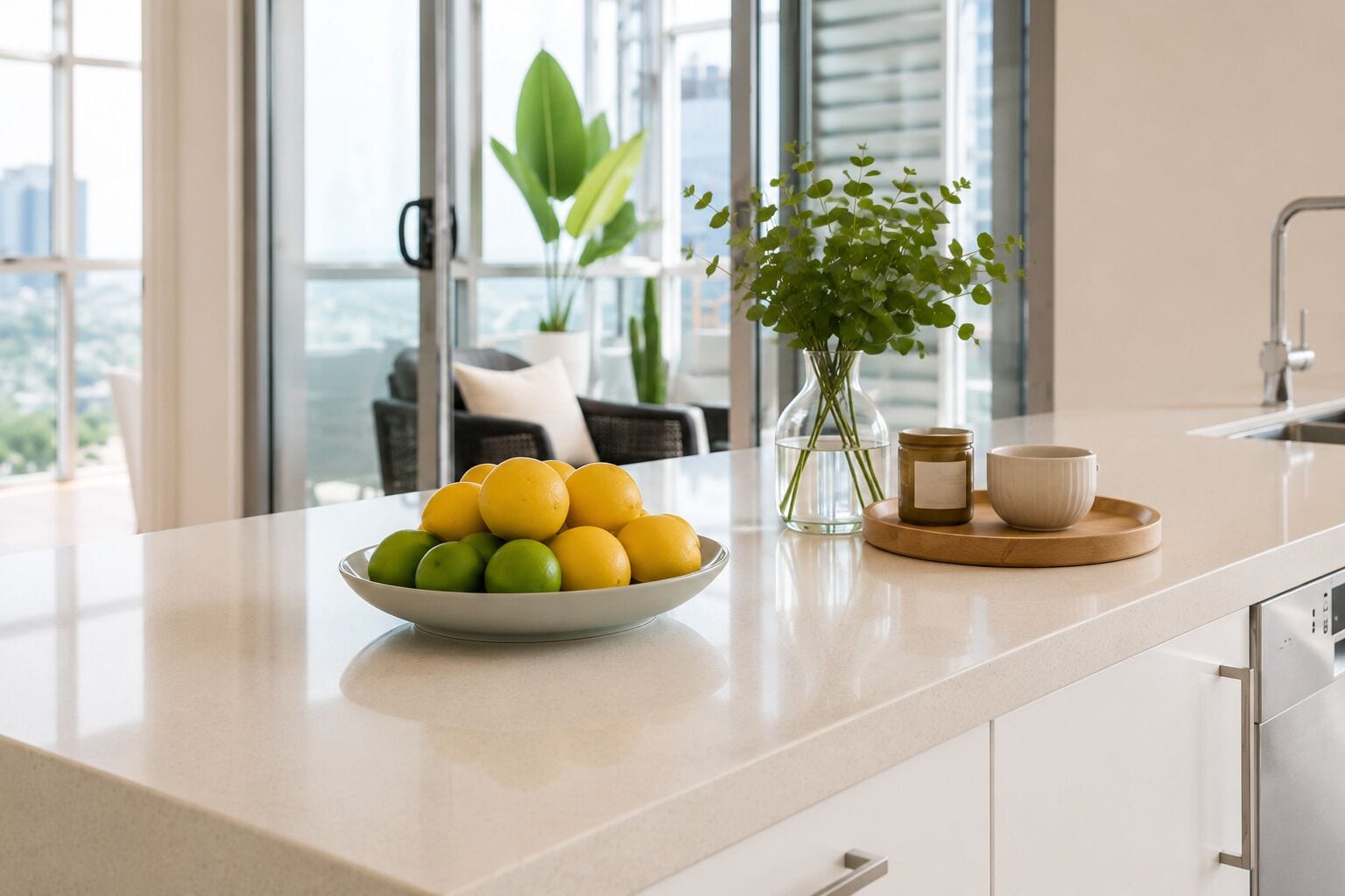 Una encimera de cocina con un cuenco de limones y limas, un florero con plantas verdes y un frasco pequeño.