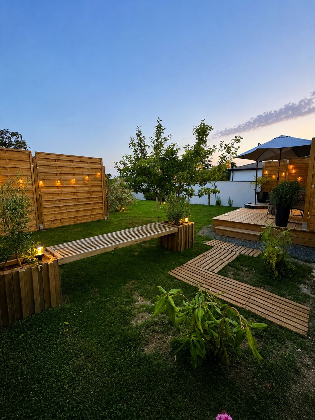 A well-maintained garden with wooden decking, a seating area, and a patio with an umbrella.
