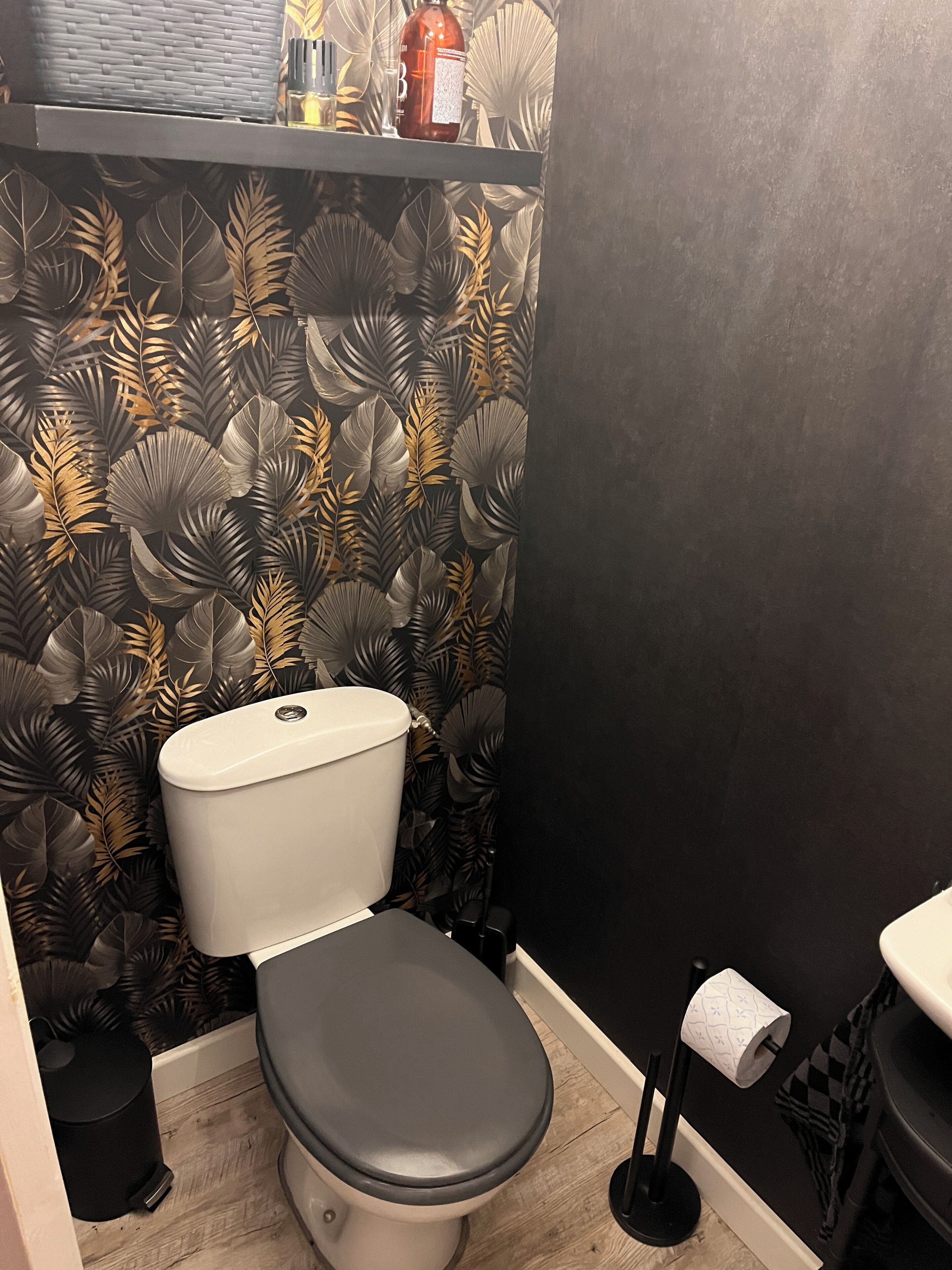 Une salle de bain avec des toilettes, une poubelle noire et un porte-rouleau de papier toilette.