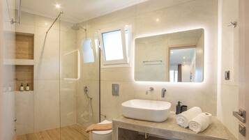 A modern bathroom with a glass shower enclosure, a built-in sink, and a large mirror.