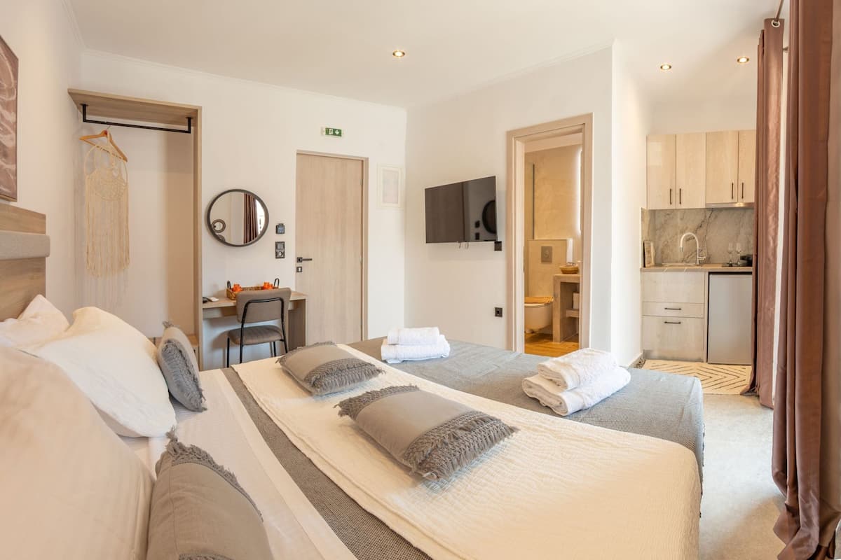 A hotel room with two beds, a desk, a mirror, a TV, and a kitchenette.
