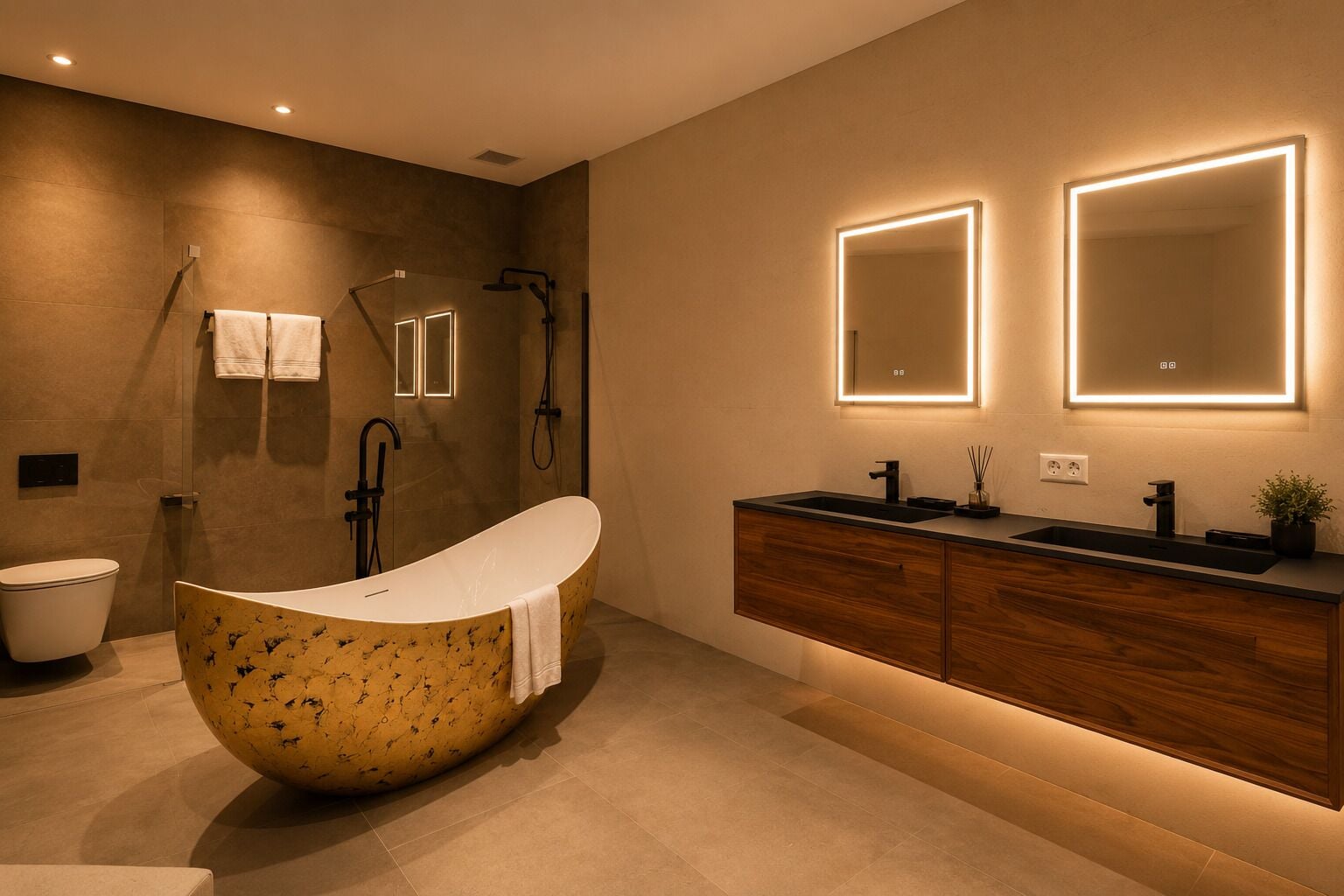 Ein modernes Badezimmer mit einer freistehenden Badewanne, einer Dusche und einem Waschtisch mit Spiegel.