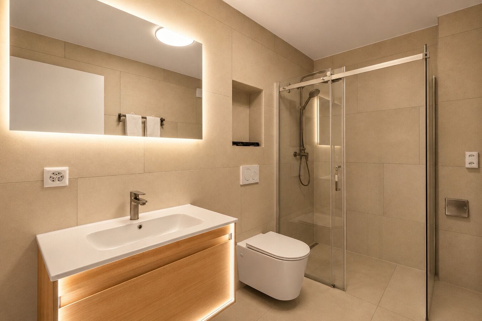 A modern bathroom with a large mirror, a sink, a toilet, and a glass-enclosed shower.