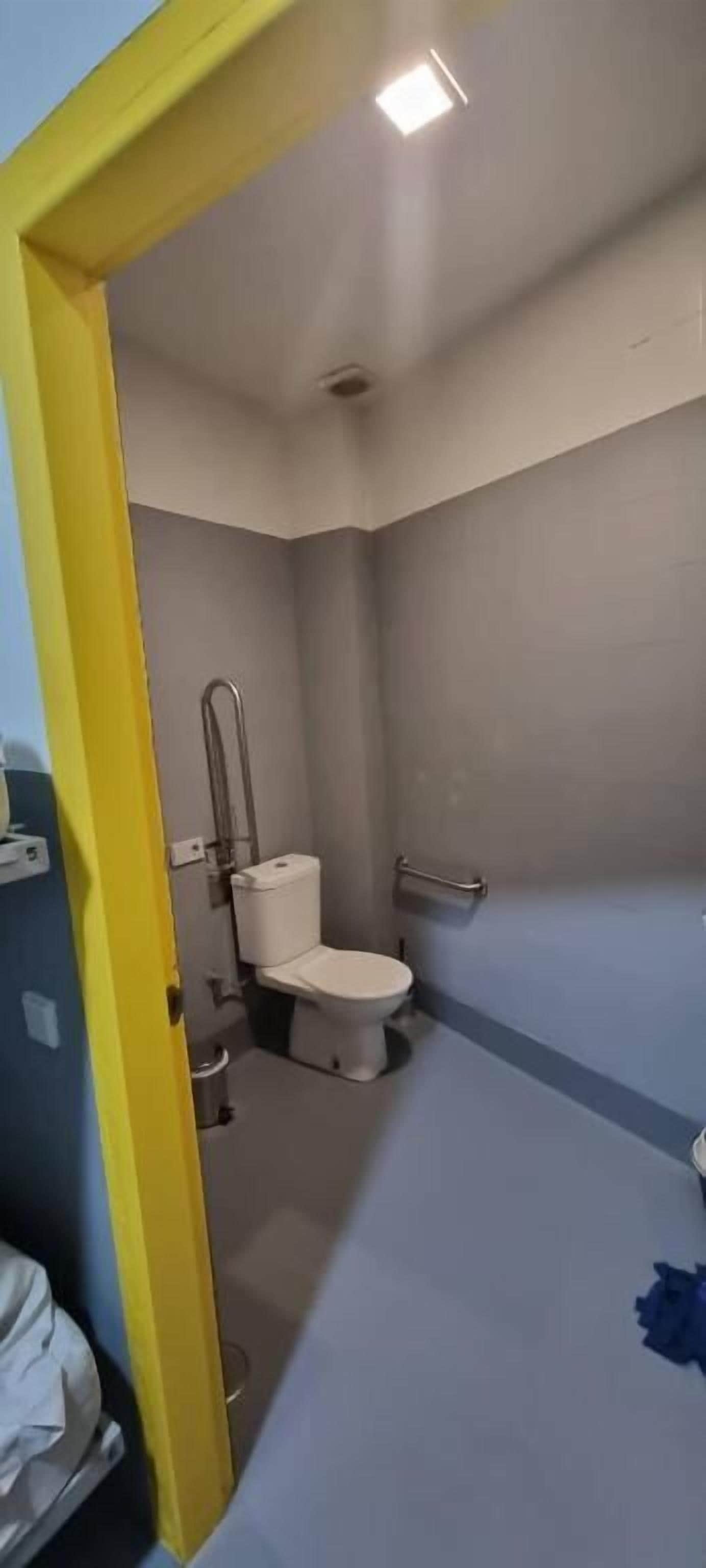 A small bathroom with a toilet, a handrail, and a shower area.