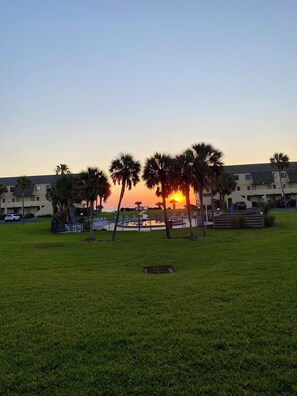 A grassy area with a pool and palm trees, a building with multiple floors, and a sunset in the background. - Beautiful 2br 2ba Ocean View Flat! Amazing Views and Location (St Augustine)