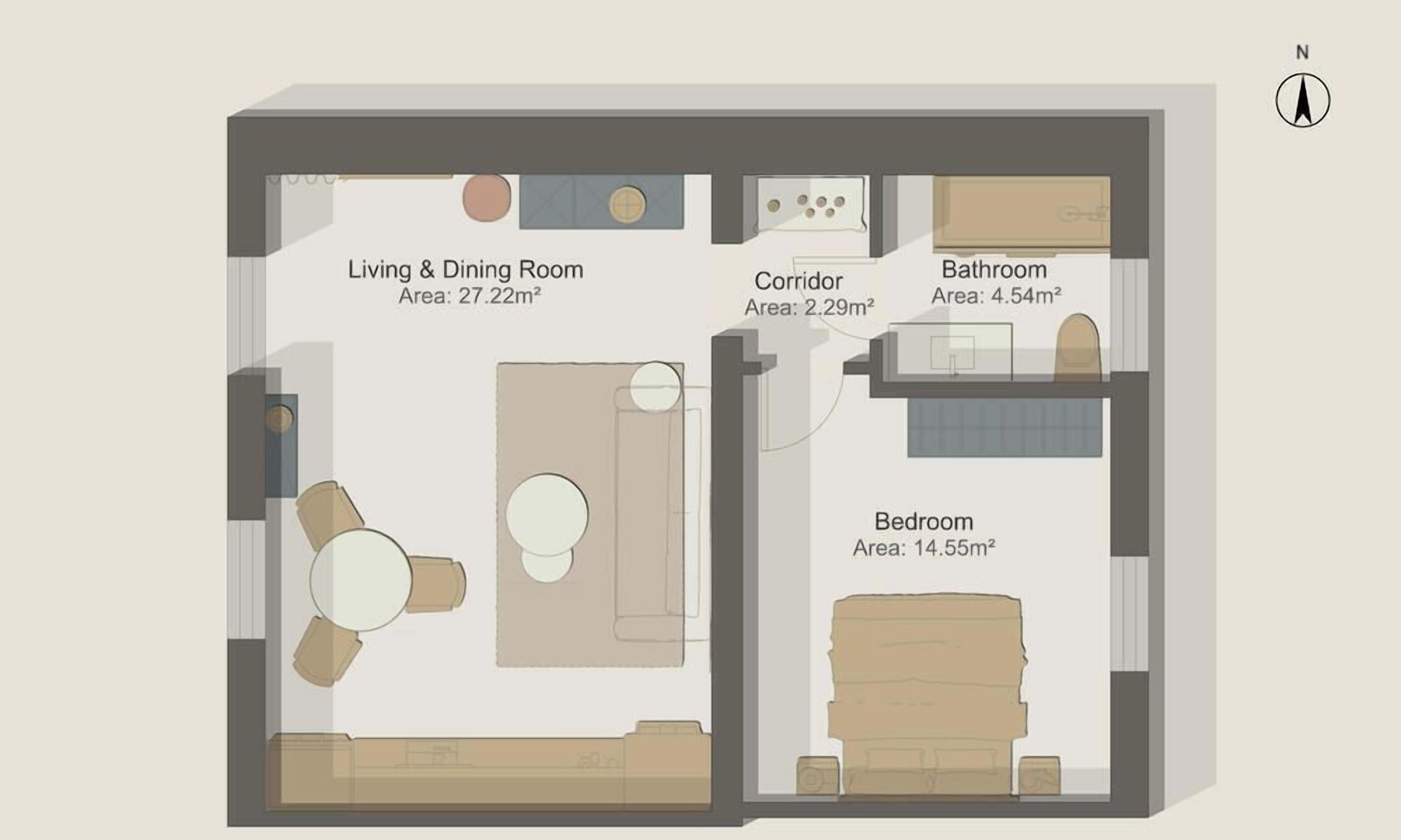 A floor plan with a living & dining room (27.22m²), a bedroom (14.55m²), a bathroom (4.54m²), and a corridor (2.29m²).