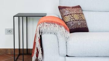 A light grey sofa with a patterned cushion, a small black side table, and a red and white fringed throw blanket.