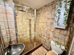 A bathroom with a glass-enclosed shower, a stone sink, and a toilet with a plant decoration. - Cosy apartment 200m from Penon beach (Seignosse)