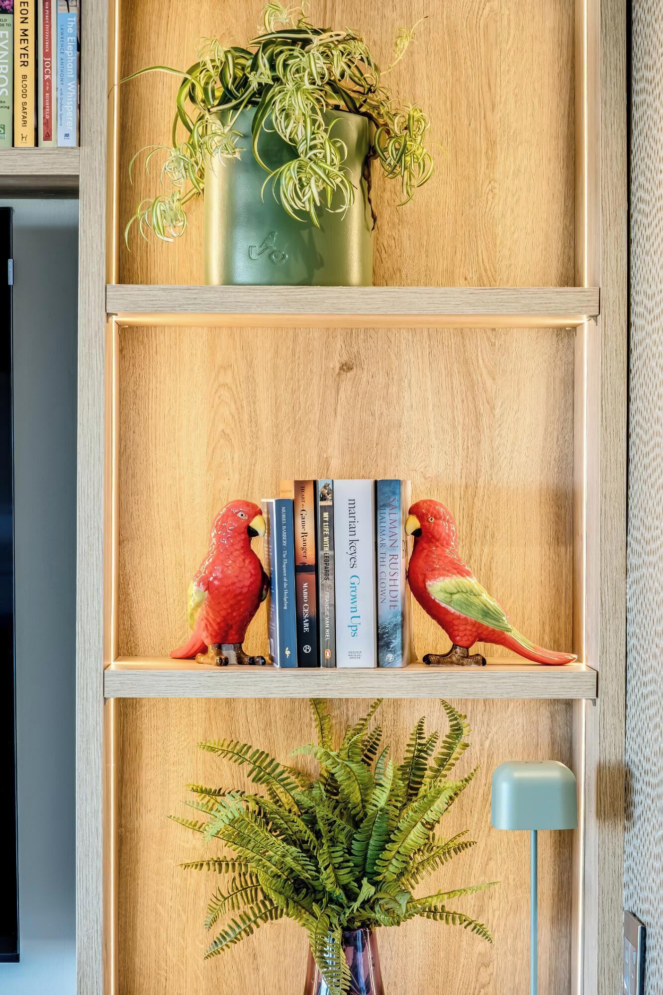 A wooden bookshelf with a green plant, books, and two red bird figurines.