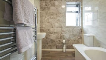 Shower, hair dryer, shampoo