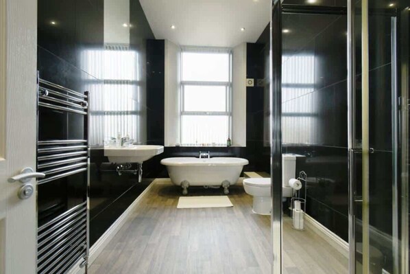 Shower, hair dryer, shampoo