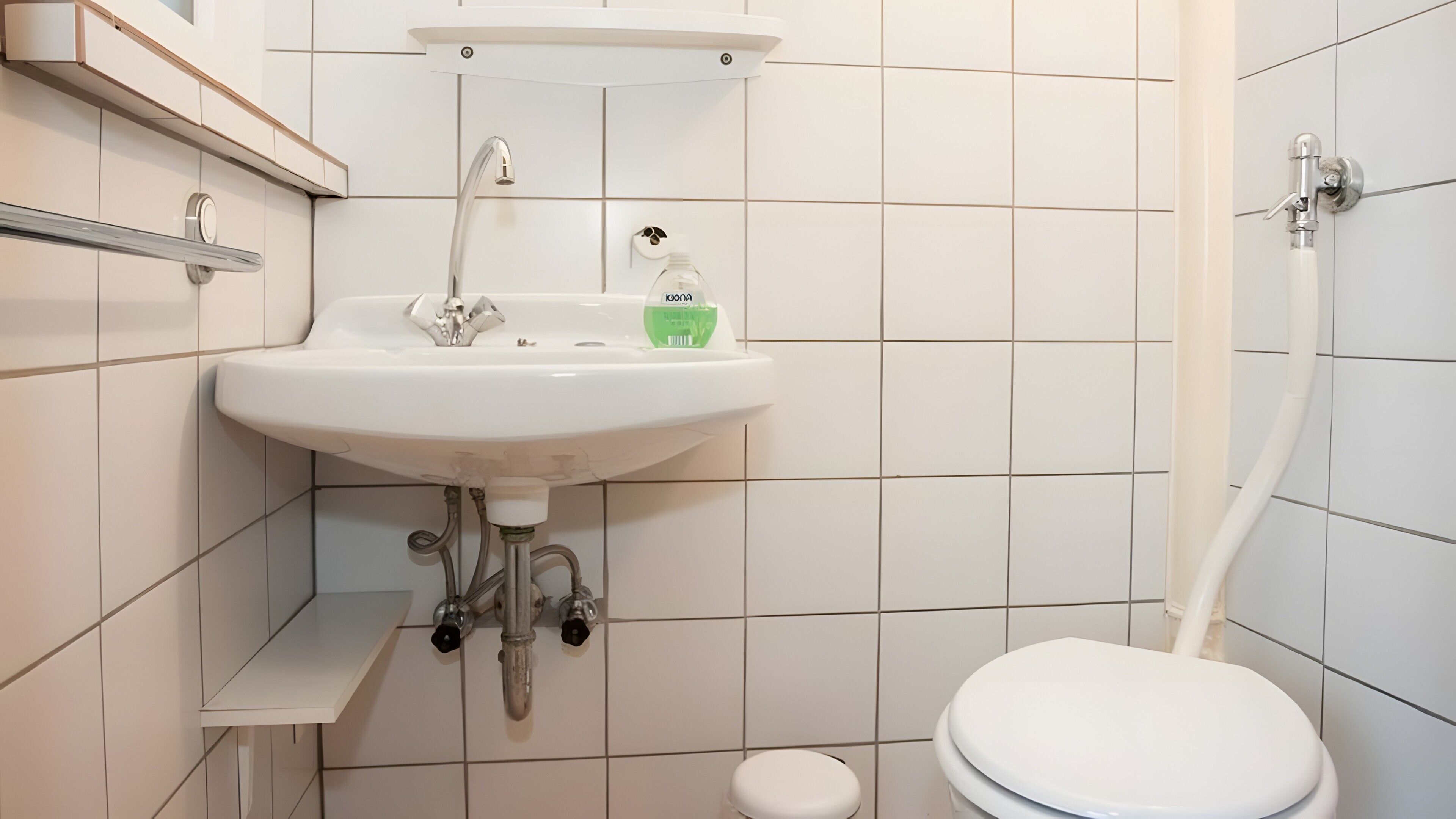 Ein Badezimmer mit Waschbecken, Toilette und Dusche.