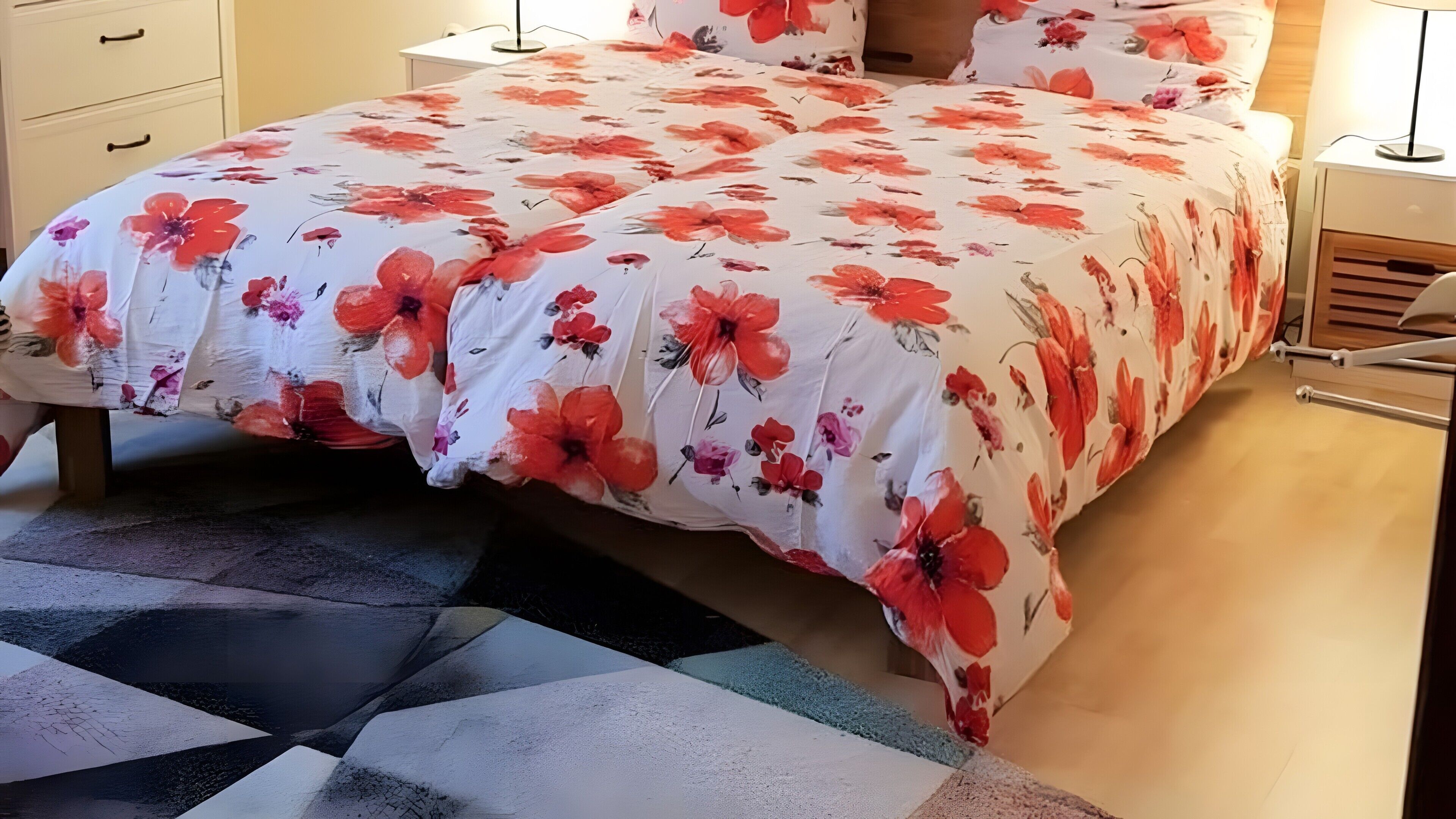 A bed with a floral bedspread, a bedside table with a lamp, and a patterned rug.