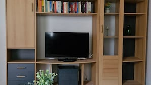Una habitación con un mueble bajo de madera para el televisor, un televisor de pantalla plana, una estantería y una pequeña mesa con una planta.