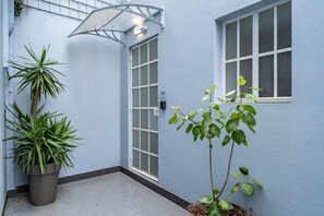 Ein kleiner Raum mit blauer Wand, einem Fenster und einer Tür. Zwei Zimmerpflanzen sind vorhanden, eine mit langen Blättern und die andere mit breiten Blättern.
