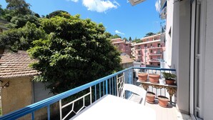 A balcony with a blue railing, potted plants, and a view of neighboring buildings and trees. - Seaside Apartment - Sleeps 6 - Balcony (Rapallo)