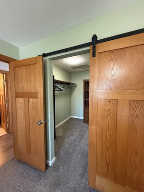 A hallway with a wooden door, a closet with hanging clothes, and a carpeted floor.