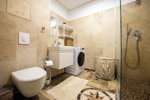A bathroom with a toilet, washing machine, and shower. - Lux central 1,5 bedroom apartment (Berlin)