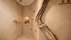 Une douche avec un mur incurvé, une petite étagère ornée d’une plante et d’une bouteille, et un revêtement mural en bois.
