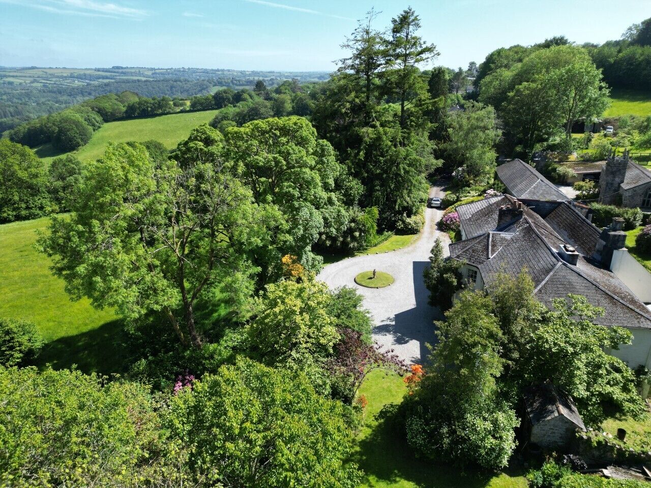A residential area with a winding driveway, surrounded by lush greenery and a large tree.