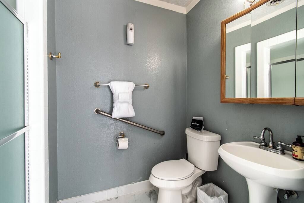Un baño con inodoro, lavabo y espejo.
