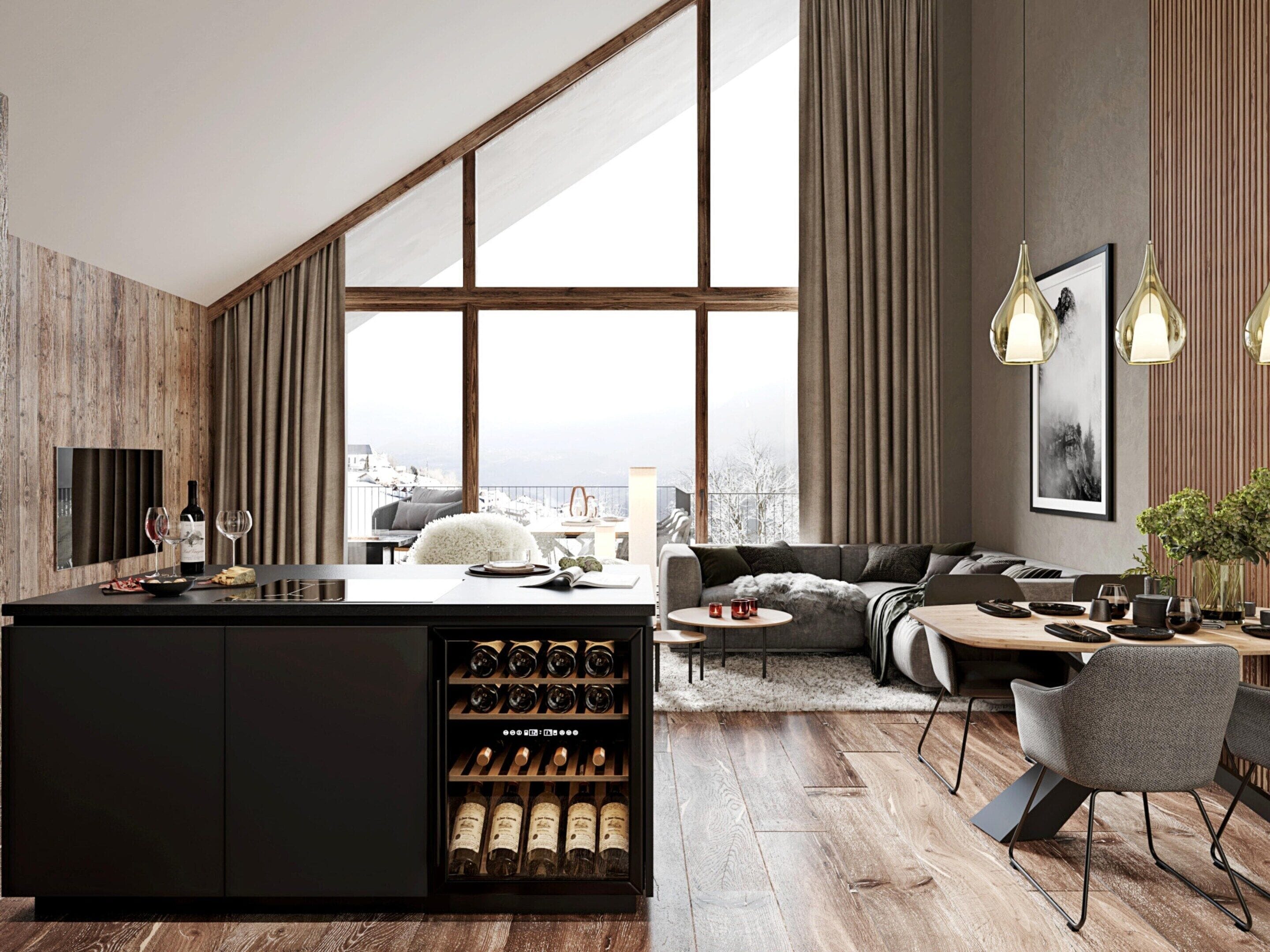 A modern interior with a large window, a dining area, a sofa, and a wine cooler.