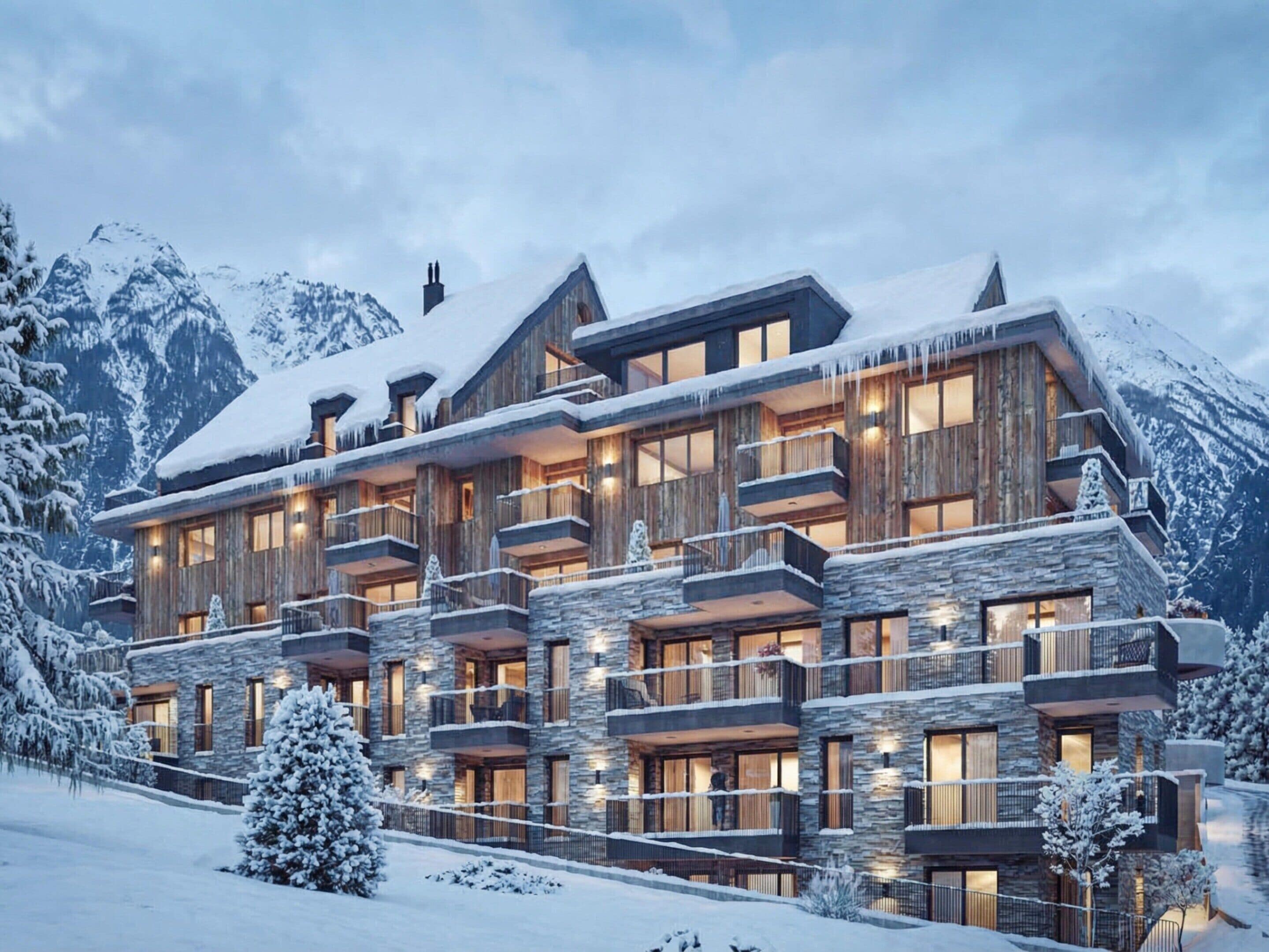 A multi-story lodge with stone facade, balconies, and large windows, surrounded by snow-covered mountains.