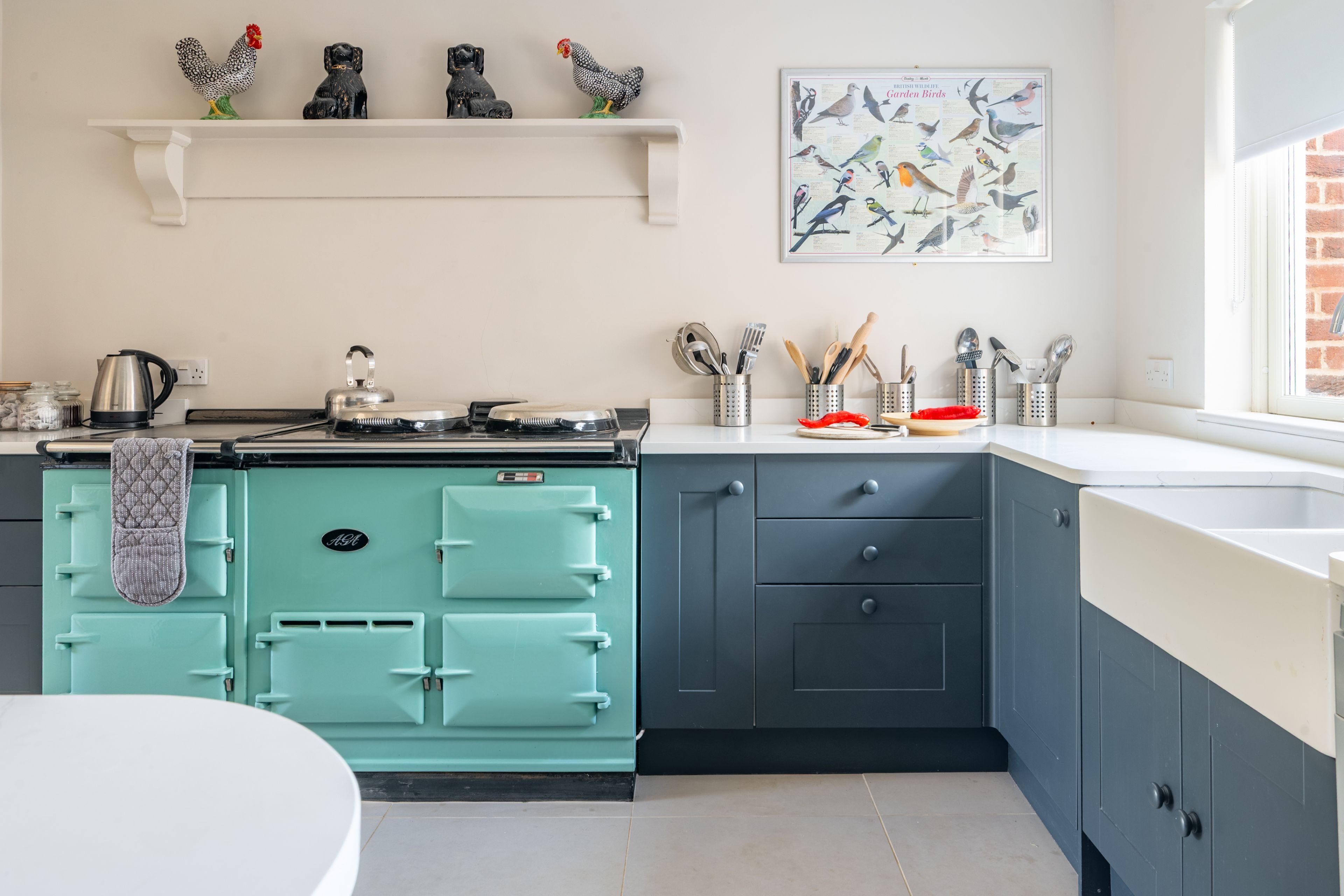 Una cucina con un piano cottura color petrolio, mobili scuri, un piano di lavoro bianco e un decoro a tema uccelli.