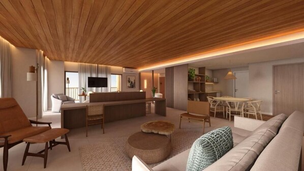 A modern living room with a sofa, armchair, ottoman, and a dining area with a table and chairs.
