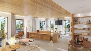Una sala de estar moderna con techo de madera, un comedor y una cocina con estantes de madera.