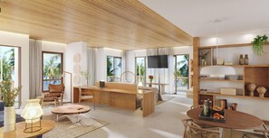 A modern living room with a wooden ceiling, a dining area, and a kitchen with wooden shelves.
