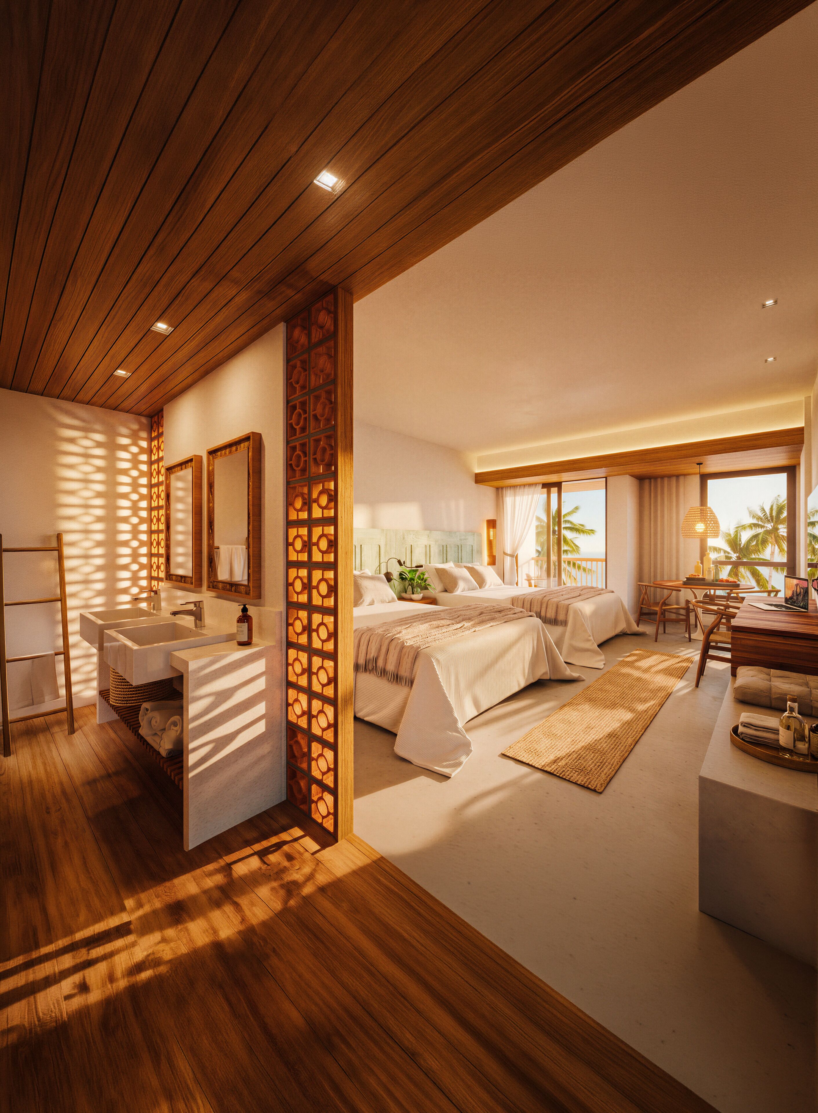 Une chambre moderne avec un plafond en bois, un grand lit, un bureau et une vue sur des palmiers.