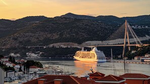 Ein Kreuzfahrtschiff liegt in einer Marina vor Anker, im Hintergrund führt eine Schrägseilbrücke.