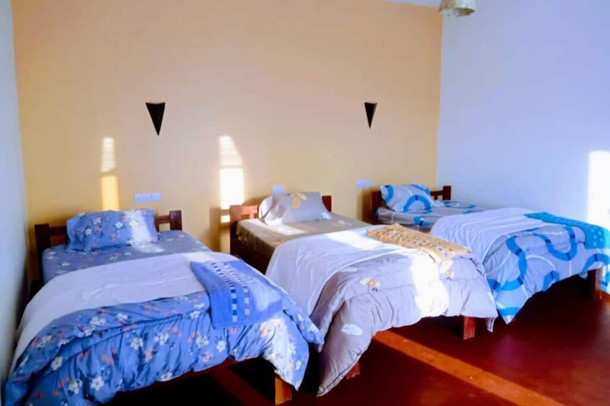 Una habitación con tres camas dispuestas en fila, cada una con un edredón diferente.