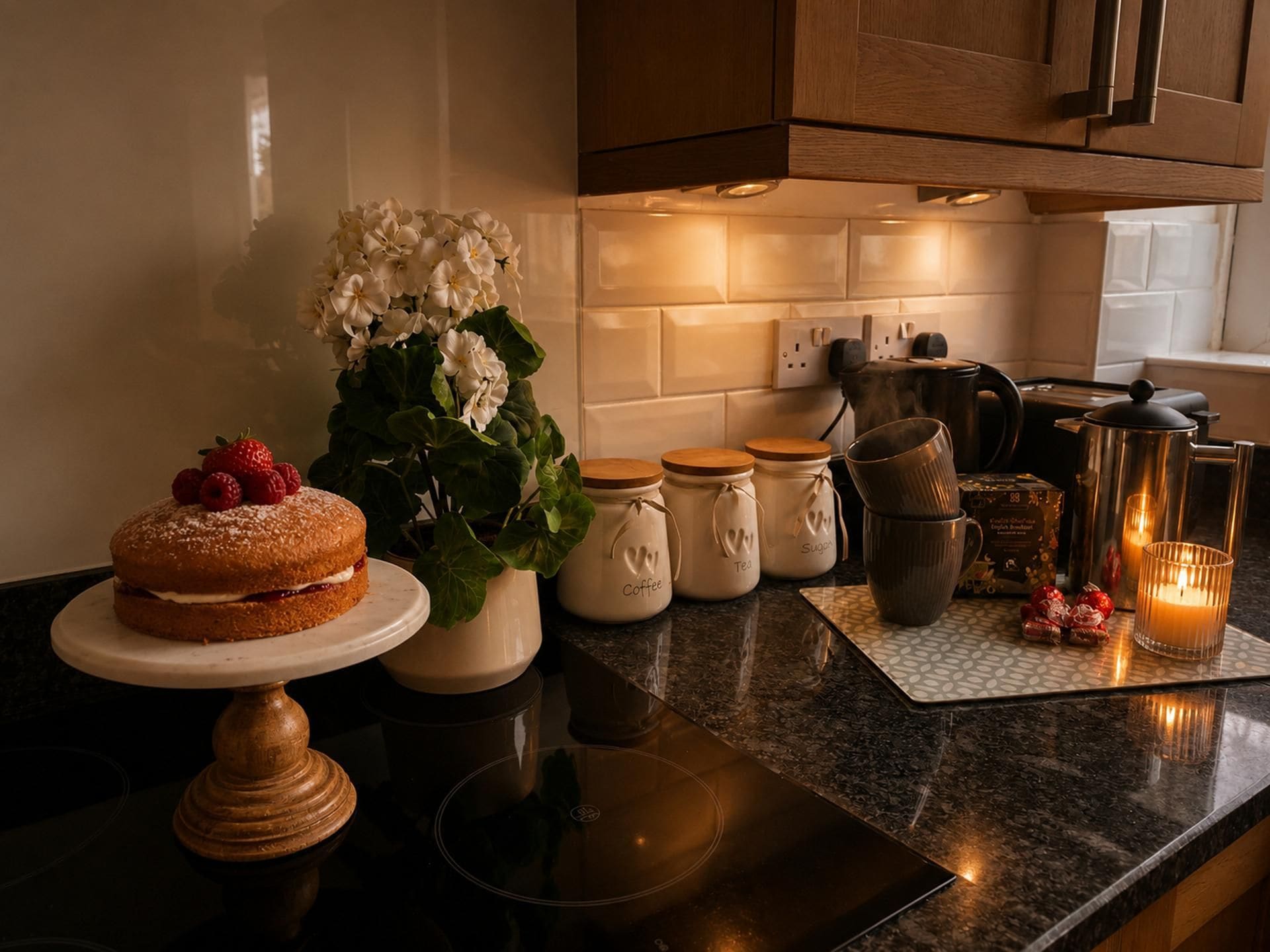 A kitchen counter with a cake, jars, a coffee maker, and a candle.