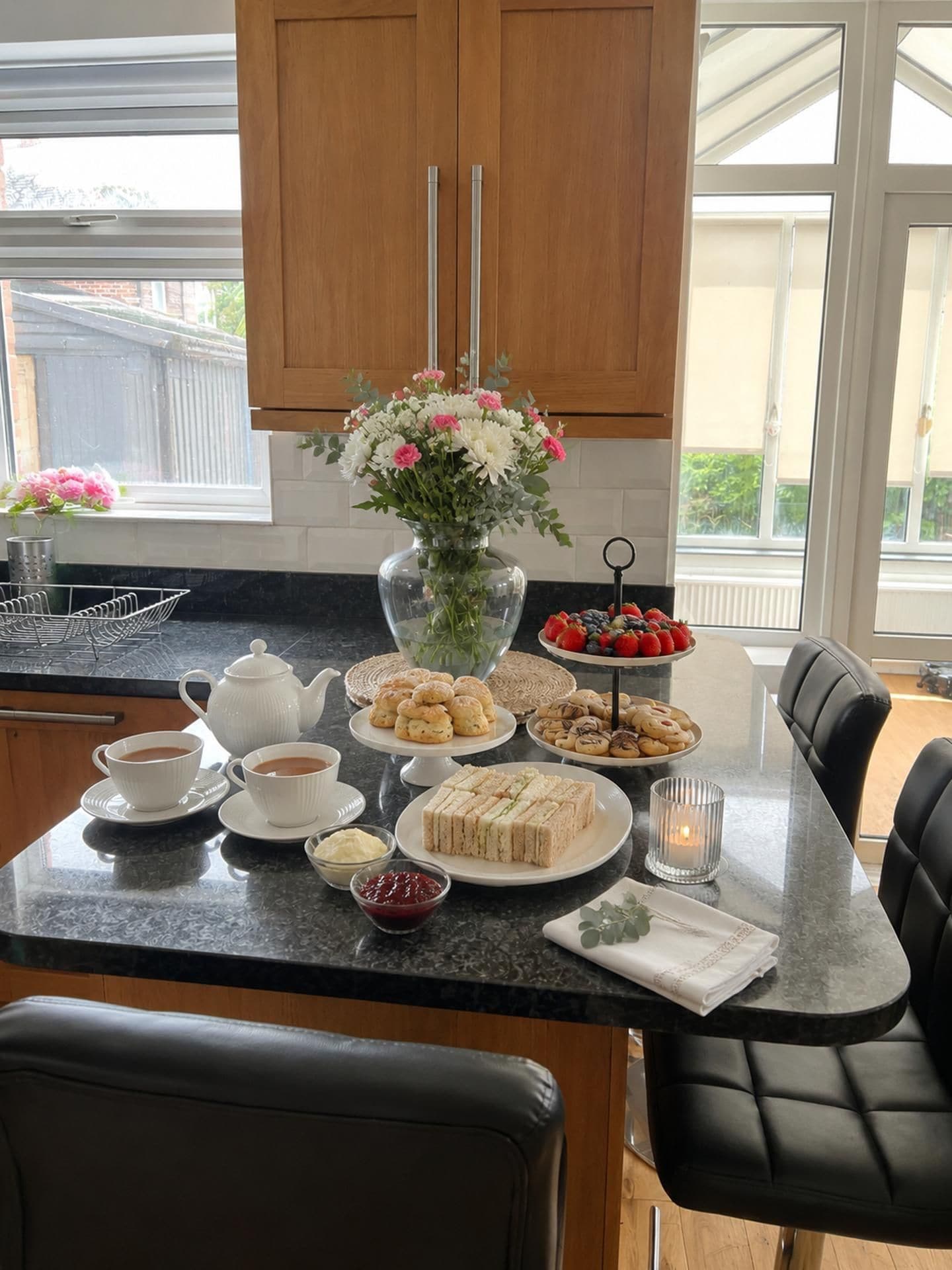 A kitchen with a dining table set for a meal, featuring a variety of food items and a vase of flowers.