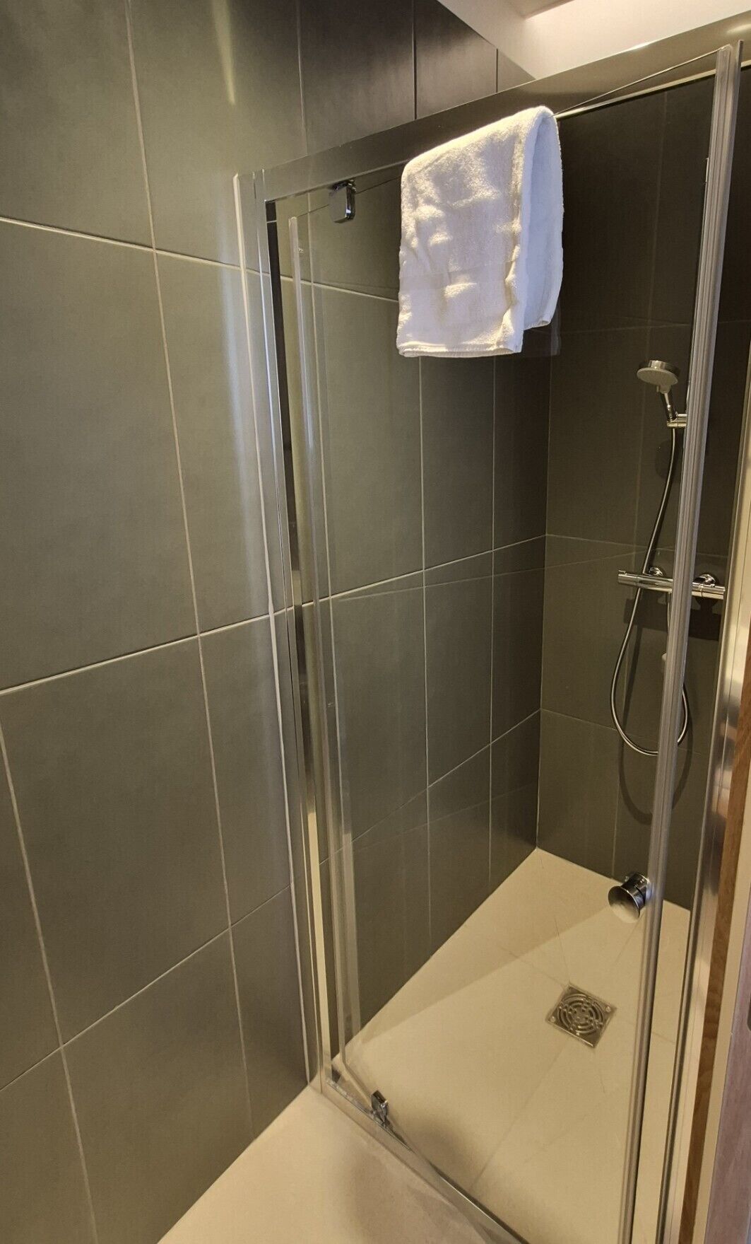 Een douche, handdoeken, zeep, shampoo