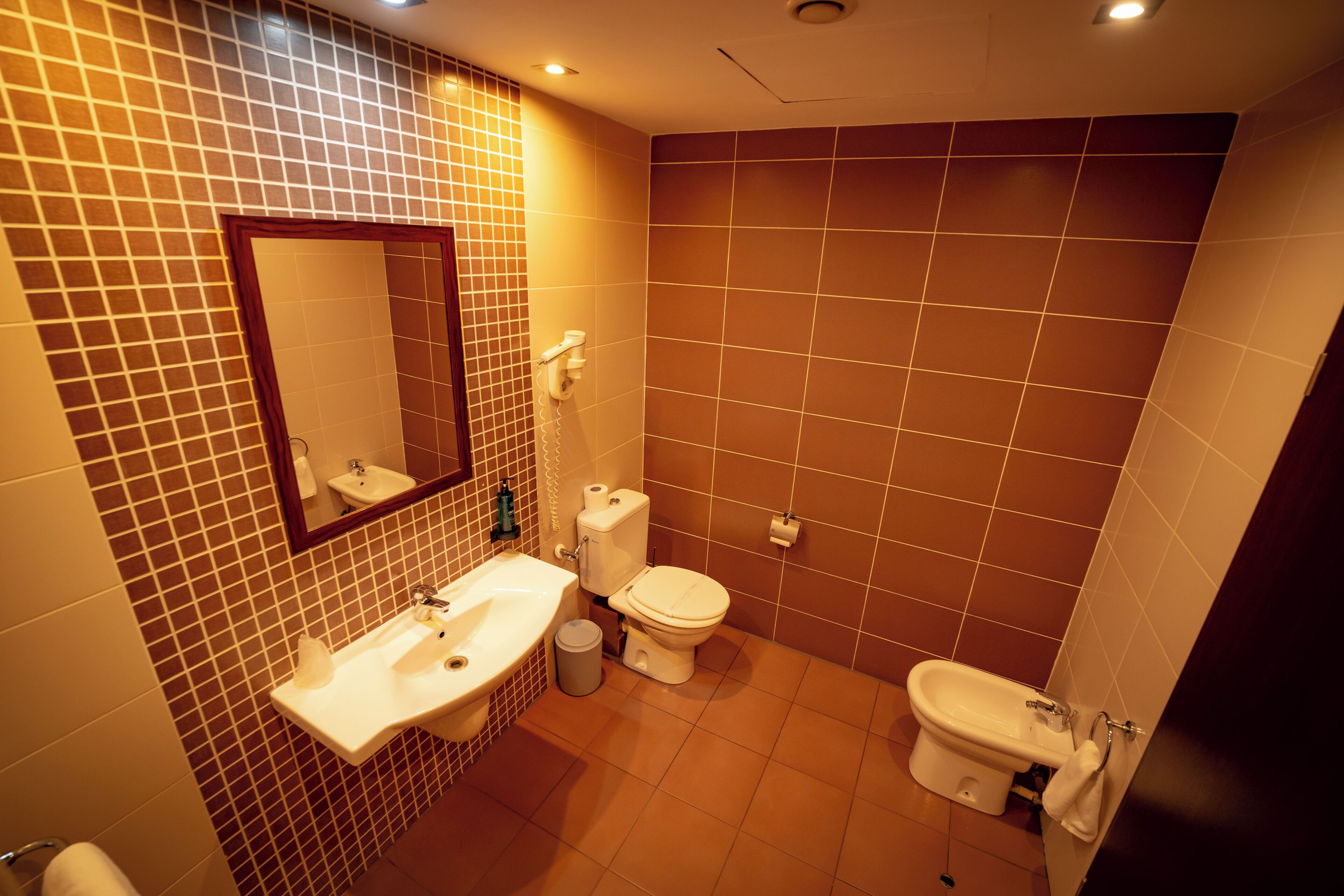 A bathroom with a sink, toilet, and bidet, tiled walls, and a mirror.